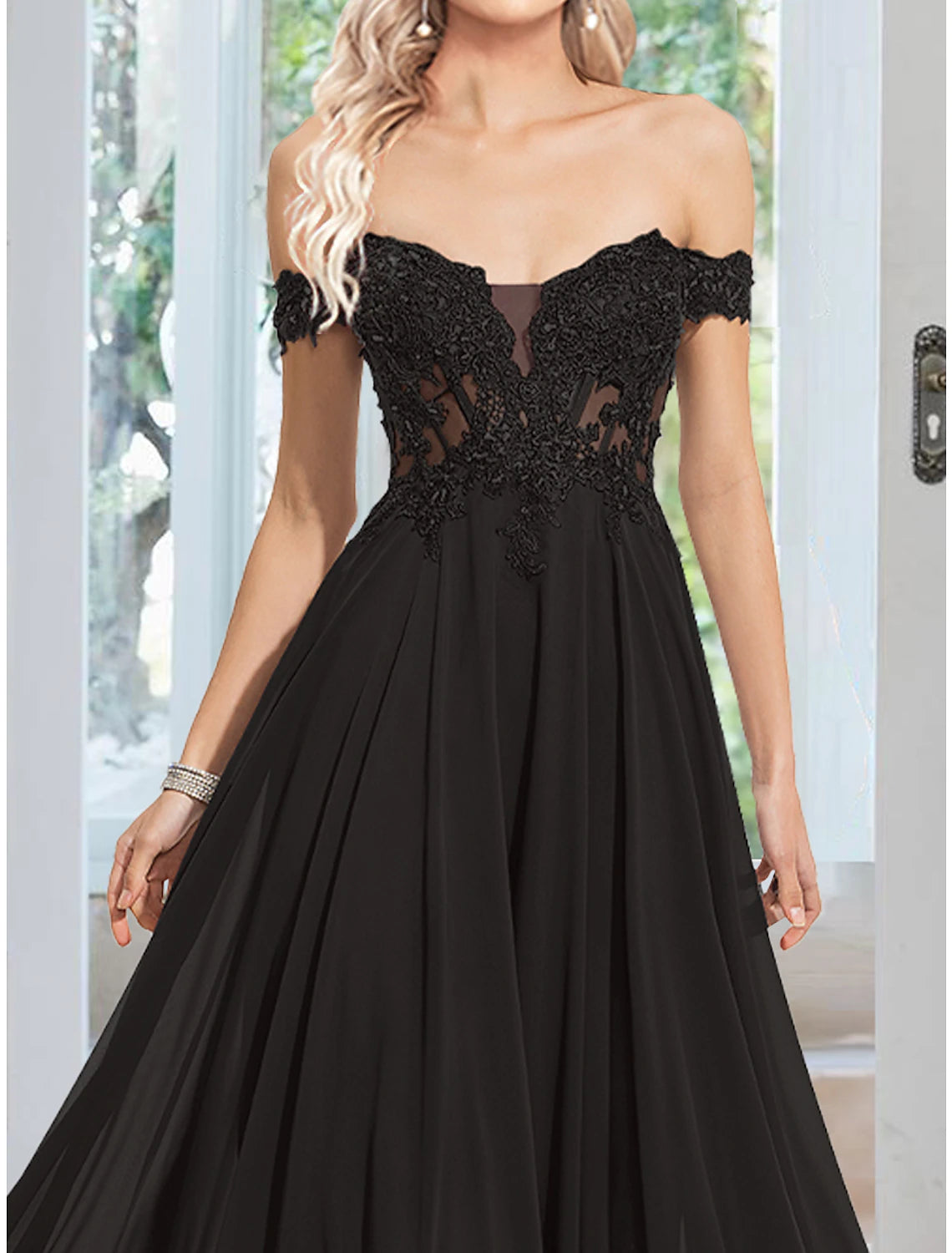 Luolandi A-Line Off Shoulder Evening Gown Long Wedding Guest Dress Floor Length Prom Dress