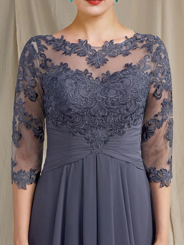 Luolandi A-Line Mother of the Bride Dress Plus Size Elegant High Low Jewel Neck Asymmetrical Tea Length Chiffon Lace Half Sleeve with Ruched