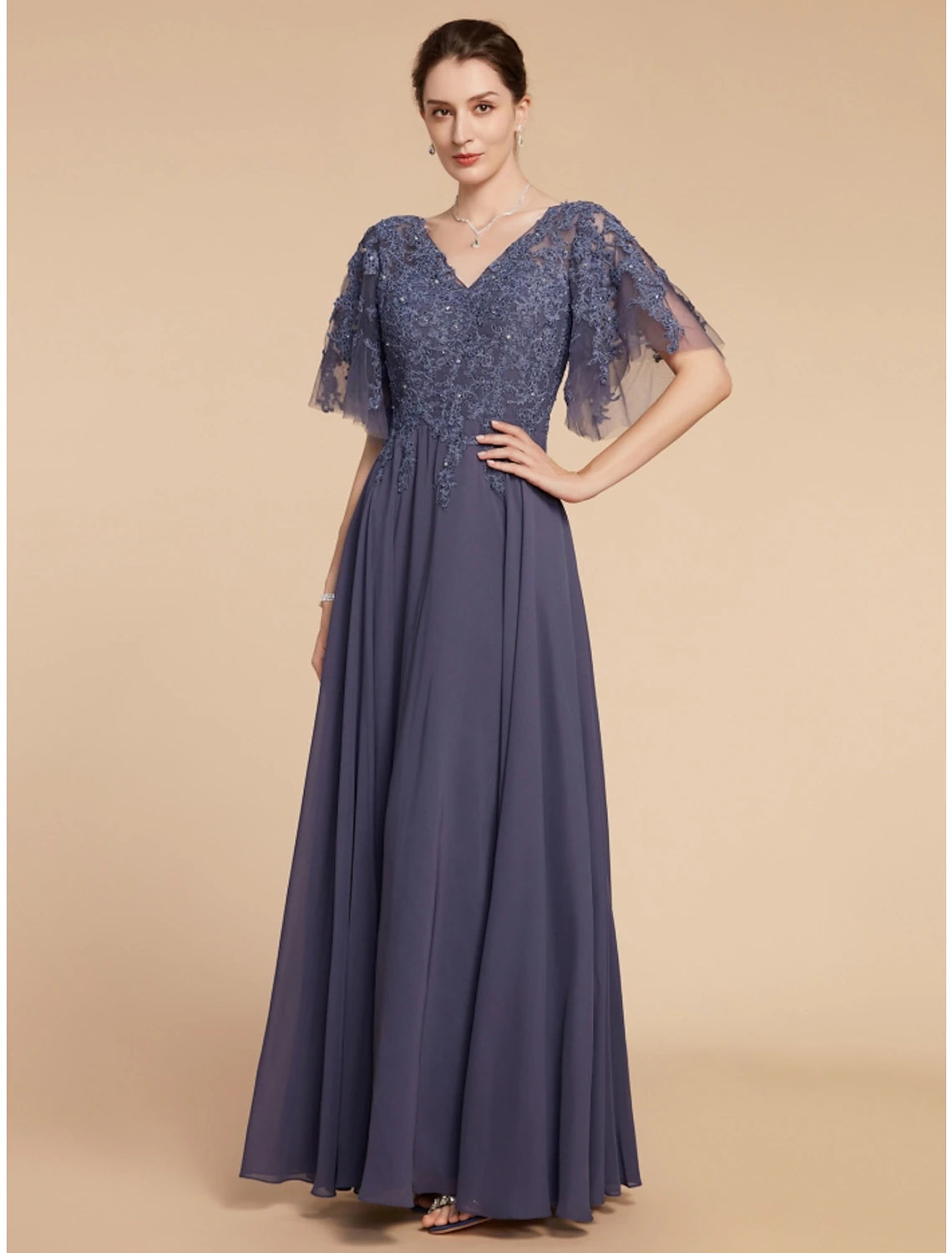Luolandi A-Line Mother of the Bride Dress Wedding Guest Elegant V Neck Floor Length Chiffon Lace Short Sleeve with Sequin Ruching