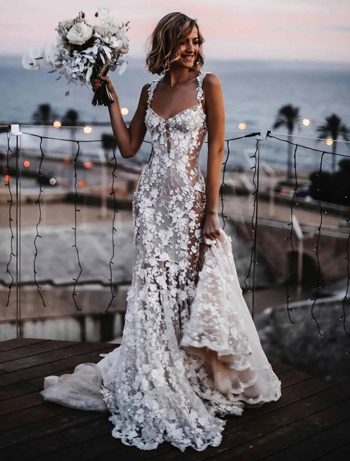 Luolandi Beach Sexy Boho Wedding Dresses Mermaid Sweetheart Regular Straps Court Train Lace Bridal Gowns With Appliques Summer Fall Wedding Party