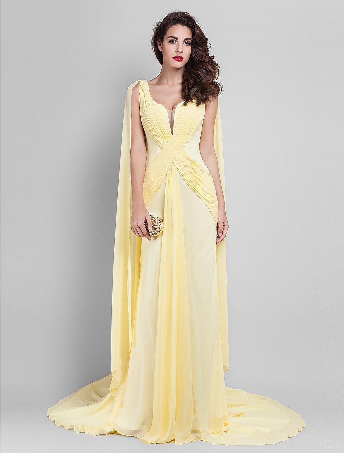 Luolandi Sheath / Column Elegant Dress Wedding Guest Court Train Sleeveless Plunging Neck Georgette V Back with Criss Cross Side