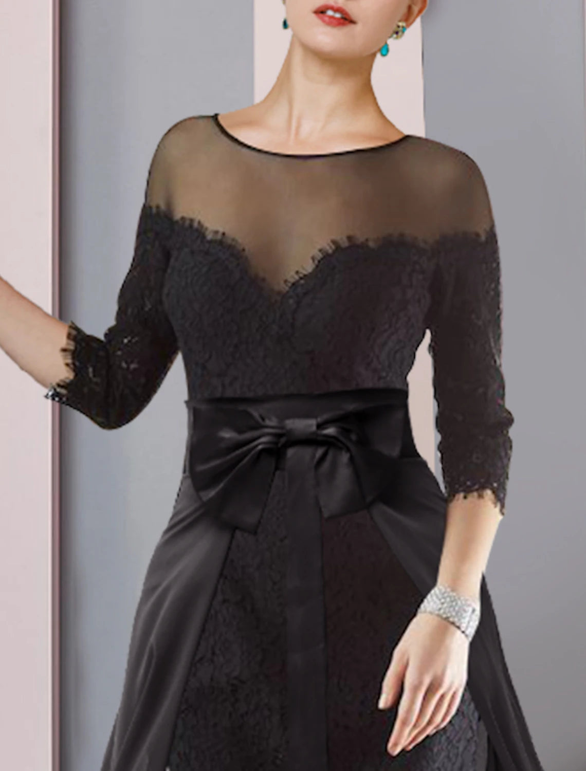 Luolandi Two Piece Sheath / Column Mother of the Bride Dress Formal Wedding Guest Elegant detachable Scoop Neck Knee Length Chiffon Lace 3/4 Length Sleeve with Bow(s)