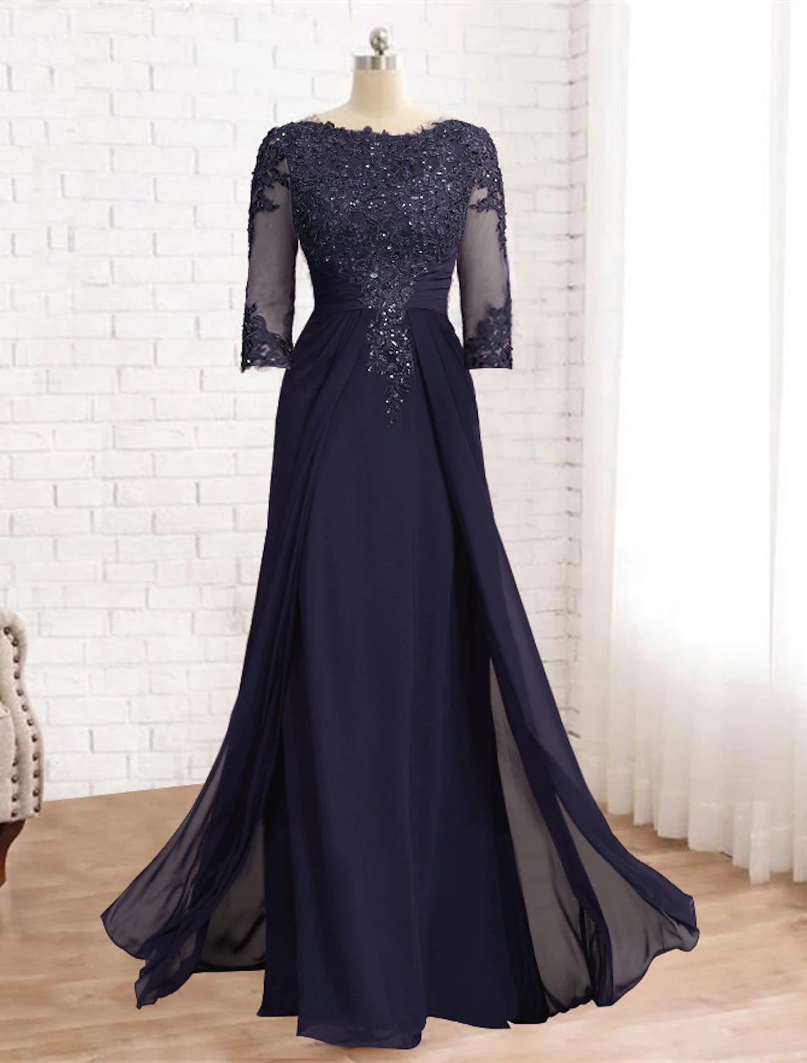 Luolandi Sheath / Column Mother of the Bride Dress Formal Fall Wedding Guest Elegant Sequin Scoop Neck Floor Length Chiffon Lace 3/4 Sleeve with Appliques Sparkle