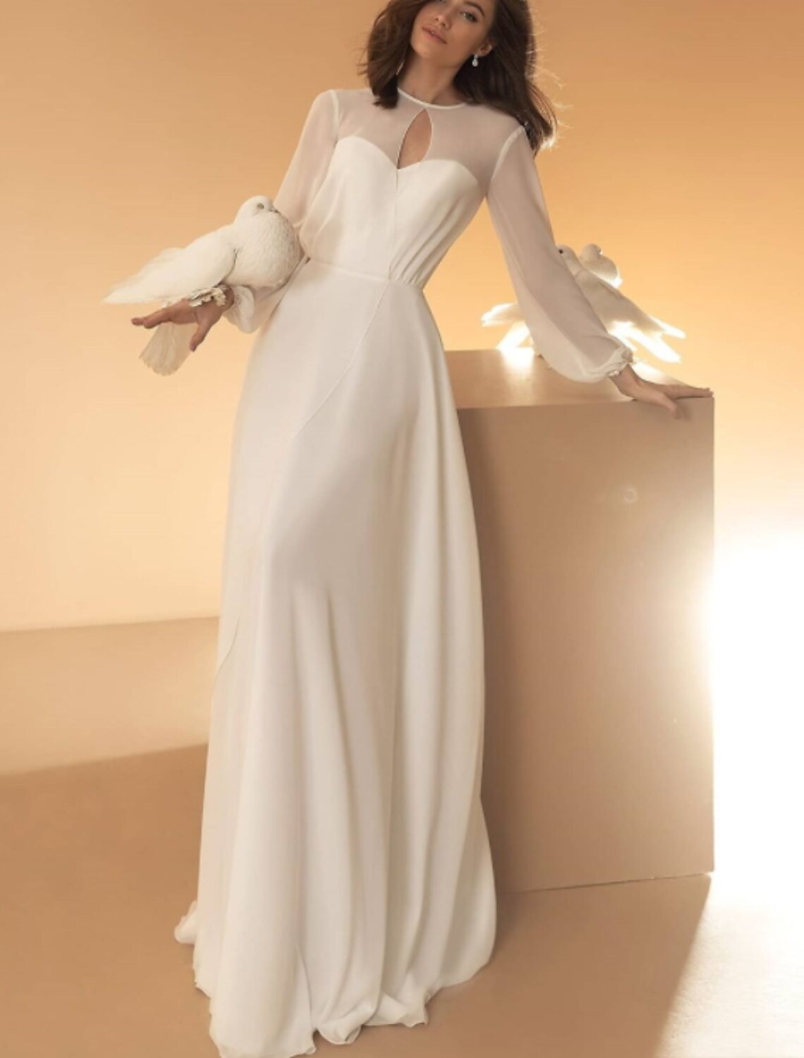 Luolandi Hall Casual Wedding Dresses A-Line Illusion Neck Long Sleeve Floor Length Chiffon Bridal Gowns