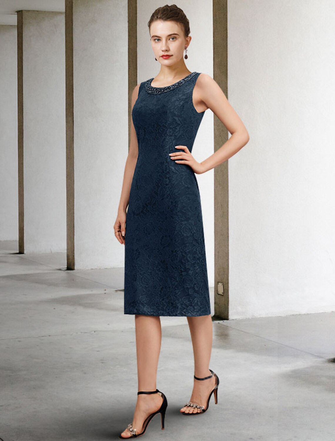 Luolandi Two Piece Sheath / Column Mother of the Bride Dress Wedding Guest Plus Size Elegant Jewel Neck Knee Length Chiffon Lace Sleeveless