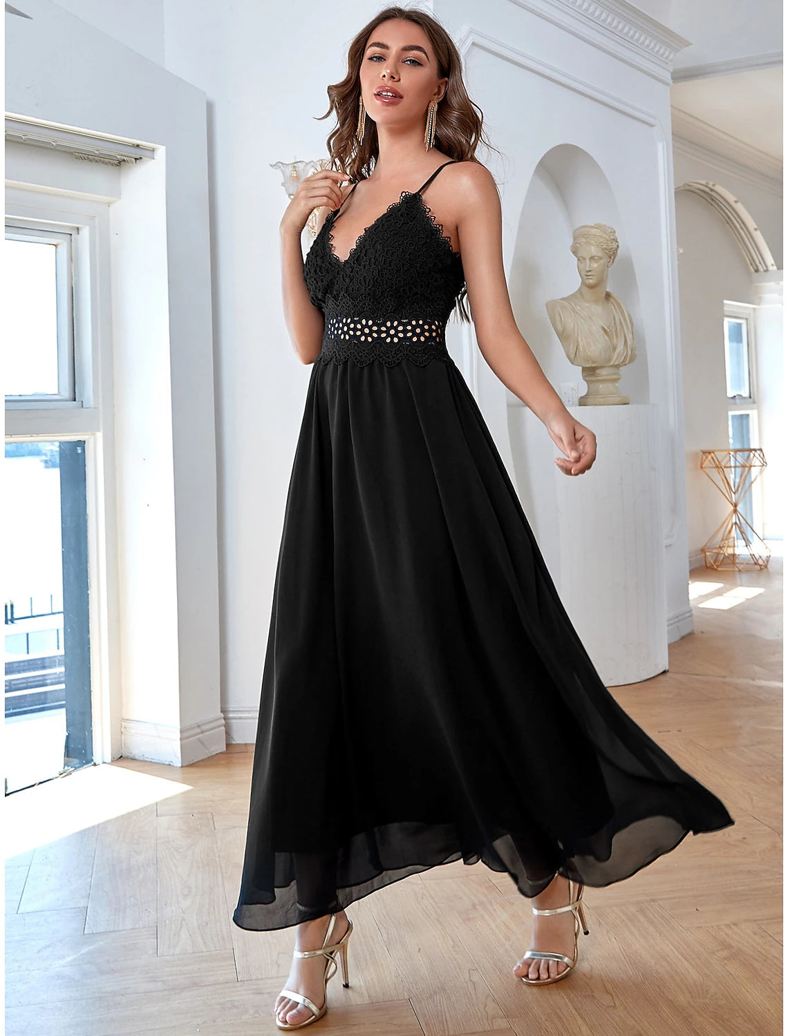 Luolandi A-Line Elegant Vintage Party Wear Formal Evening Dress V Neck Sleeveless Ankle Length Chiffon with Sequin Pure Color