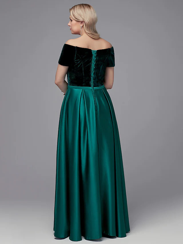 Luolandi A-Line Special Occasion Dresses Elegant Dress Wedding Guest Floor Length Short Sleeve Off Shoulder Satin