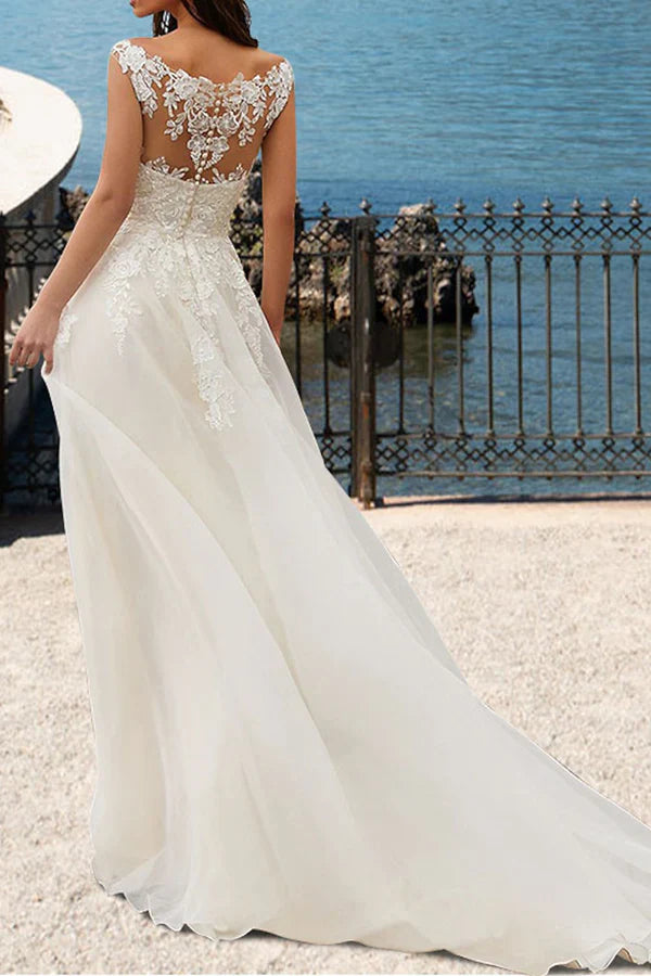 Luolandi Beach Wedding Dress Palace Train Lace Applique A-line V-neck Summer Bridal Dress Beautiful