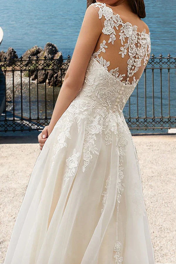 Luolandi Beach Wedding Dress Palace Train Lace Applique A-line V-neck Summer Bridal Dress Beautiful