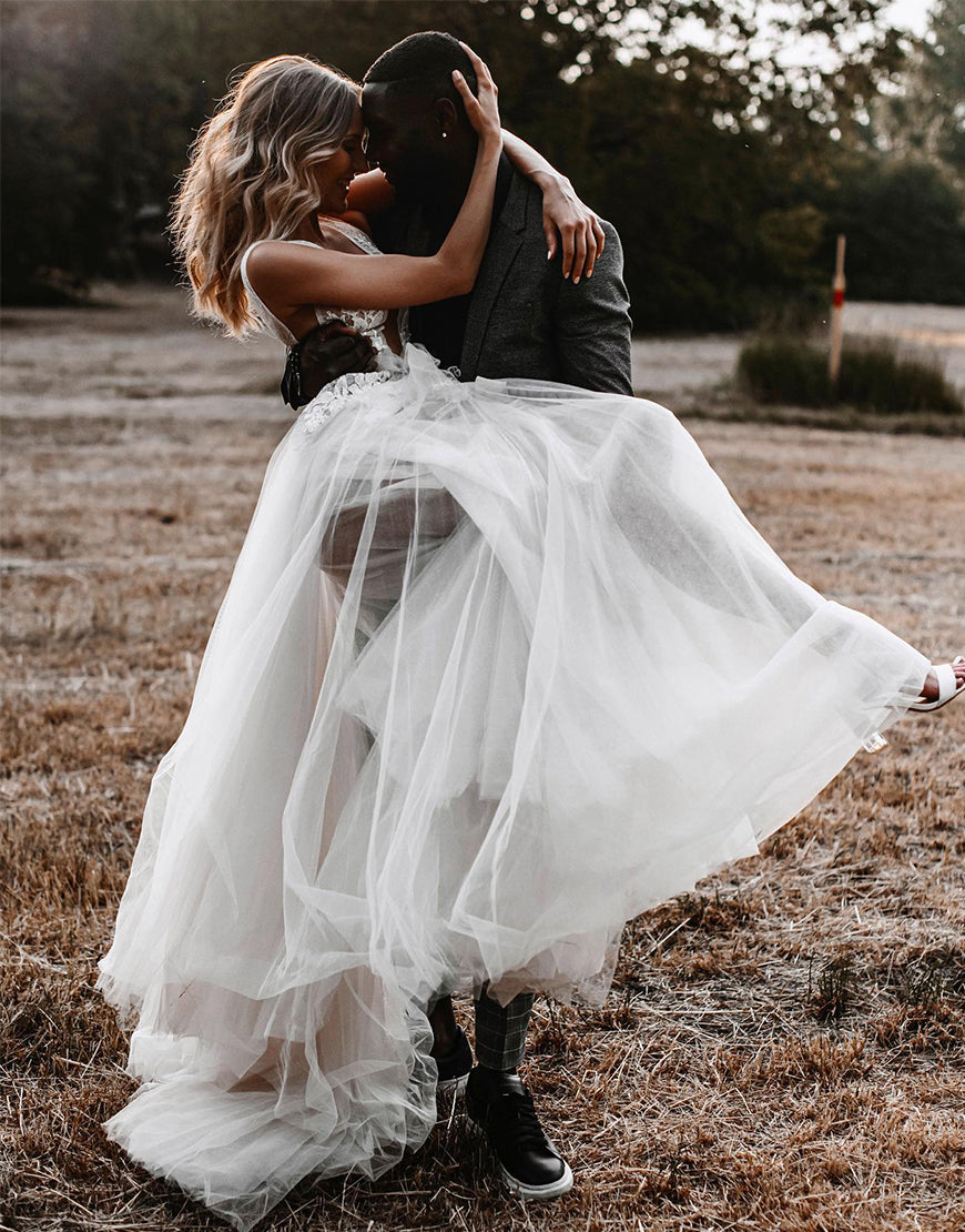 Luolandi A-line V Back Tulle Wedding Dress V-neck Open Back Floor Length Sexy