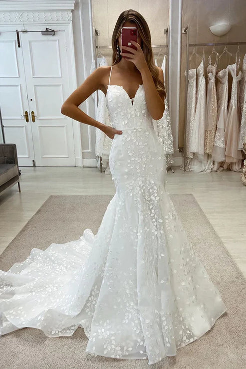 Luolandi Allover Lace Wedding Dress Spaghetti Straps Mermaid Bridal Gown With Slit Beautiful