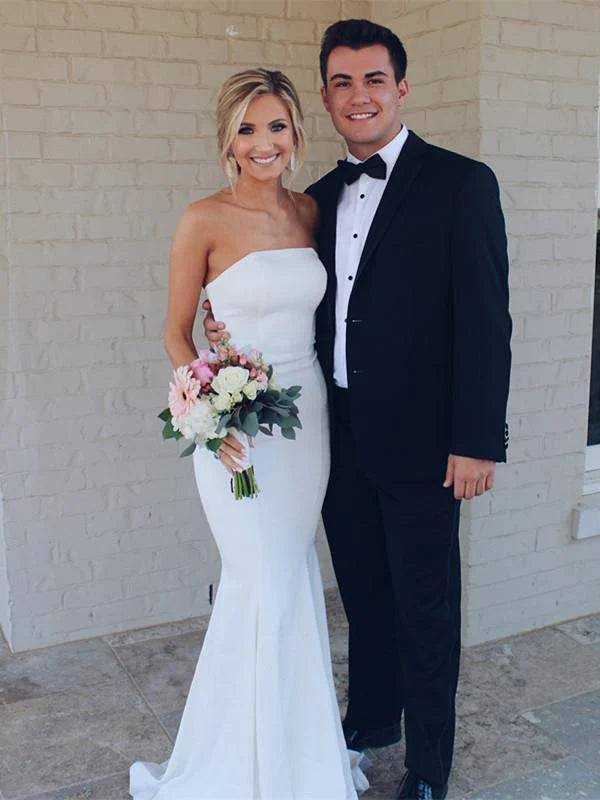 Luolandi Alluring Satin Strapless Neckline Sweep Train Mermaid Wedding Dresses Off Shoulder Simple Elegant