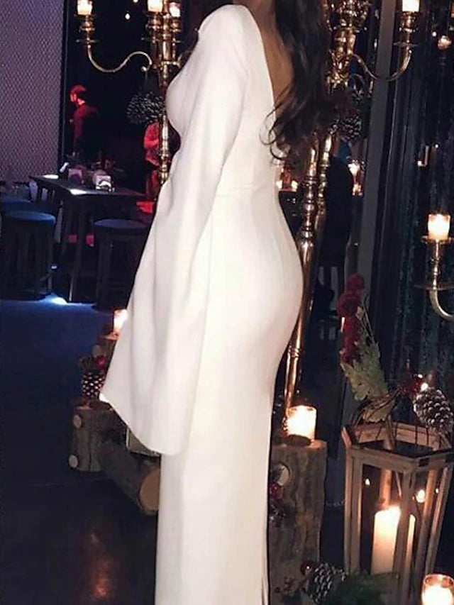 Luolandi Sheath / Column Cocktail Dresses Party Dress Holiday Tea Length Long Sleeve Jewel Neck Jersey Backless with Sleek