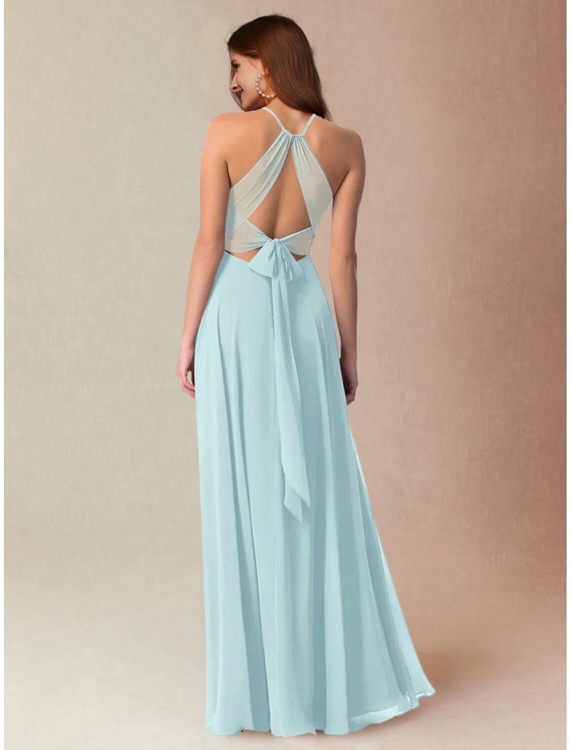 Luolandi A-Line Bridesmaid Dress Halter Neck Sleeveless Elegant Floor Length Chiffon with Bow(s) / Split Front