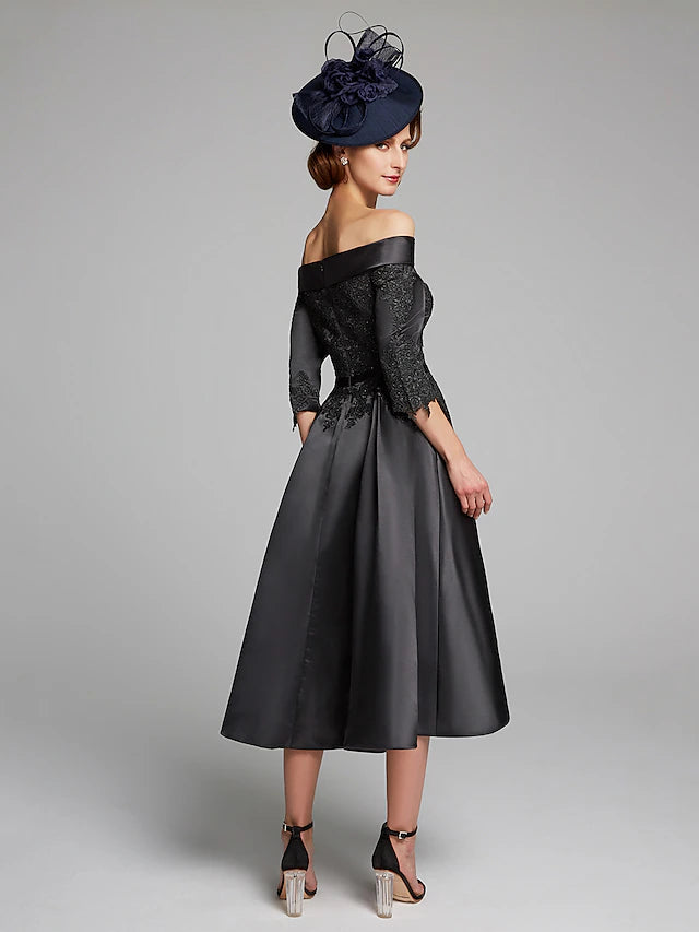 Luolandi A-Line Mother of the Bride Dress Plus Size Sexy Off Shoulder Tea Length Satin Lace 3/4 Length Sleeve