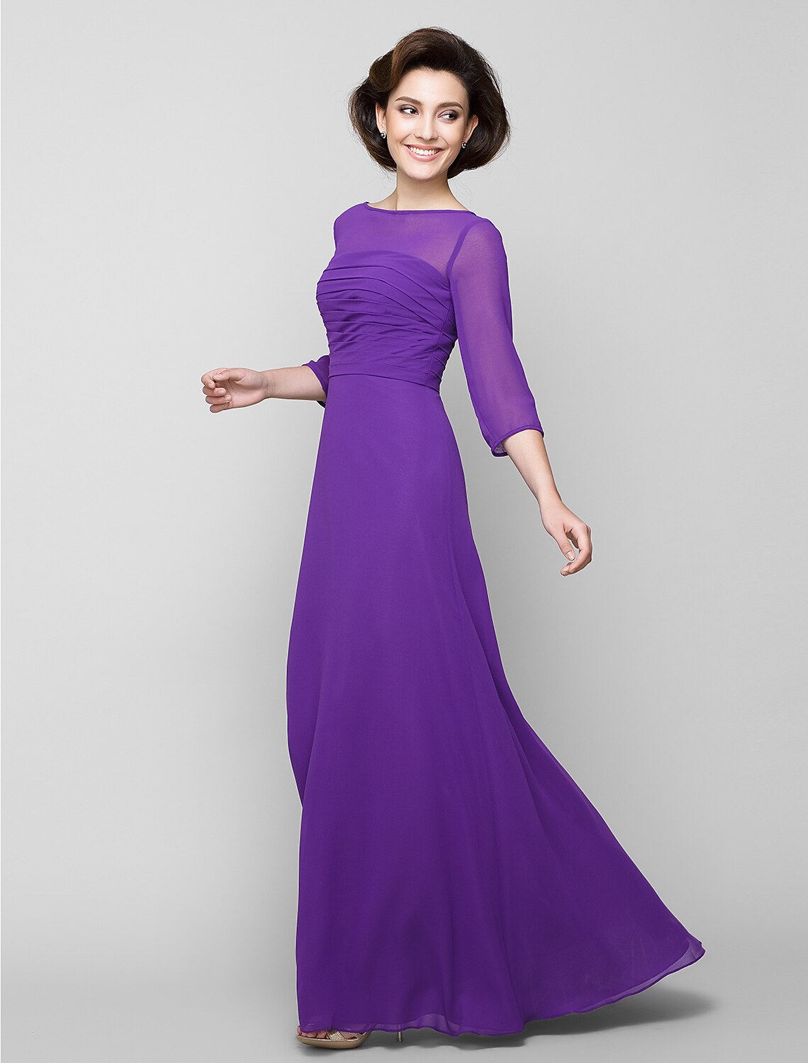 Luolandi A-Line Mother of the Bride Dress Elegant Scoop Neck Ankle Length Chiffon 3/4 Length Sleeve