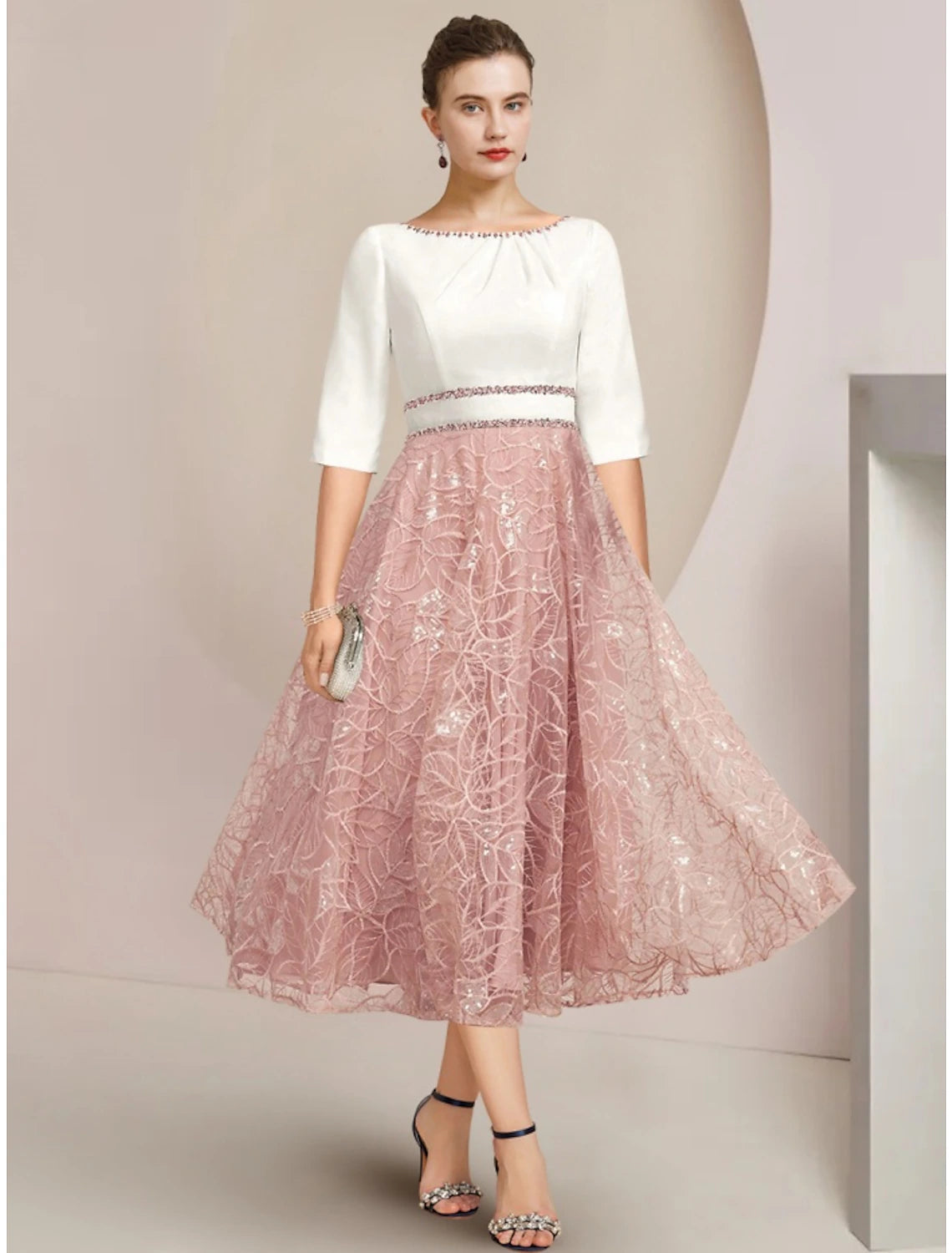 Luolandi A-Line Mother of the Bride Dress Wedding Guest Elegant Petite Scoop Neck Tea Length Chiffon Lace Half Sleeve with Sequin