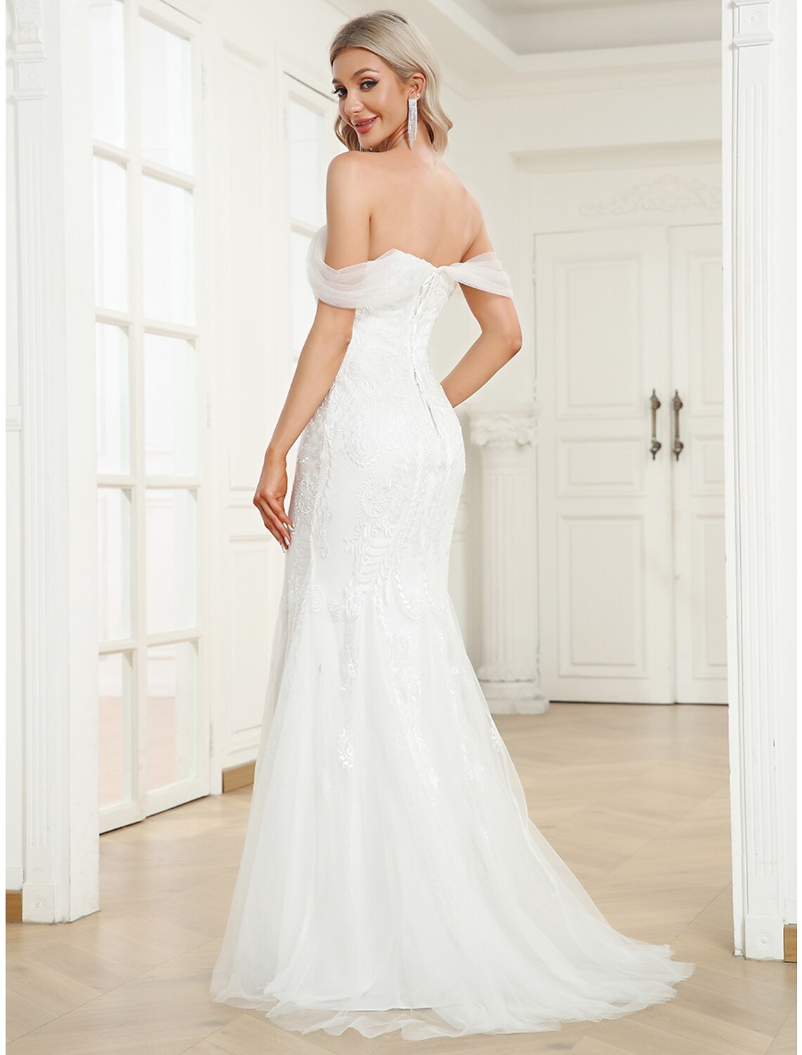 Luolandi Reception Wedding Dresses Mermaid / Trumpet Off Shoulder Cap Sleeve Sweep / Brush Train Lace Bridal Gowns