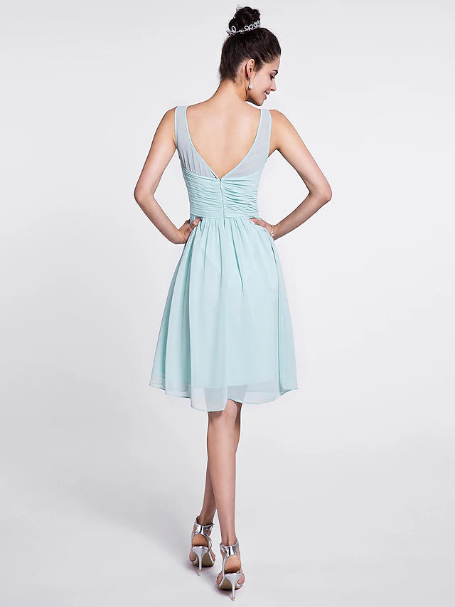 Luolandi A-Line Bridesmaid Dress Scoop Neck Sleeveless Knee Length Chiffon with Ruched / Draping A-Line Bridesmaid Dress Scoop Neck Sleeveless Knee Length Chiffon with Ruched Pure Color