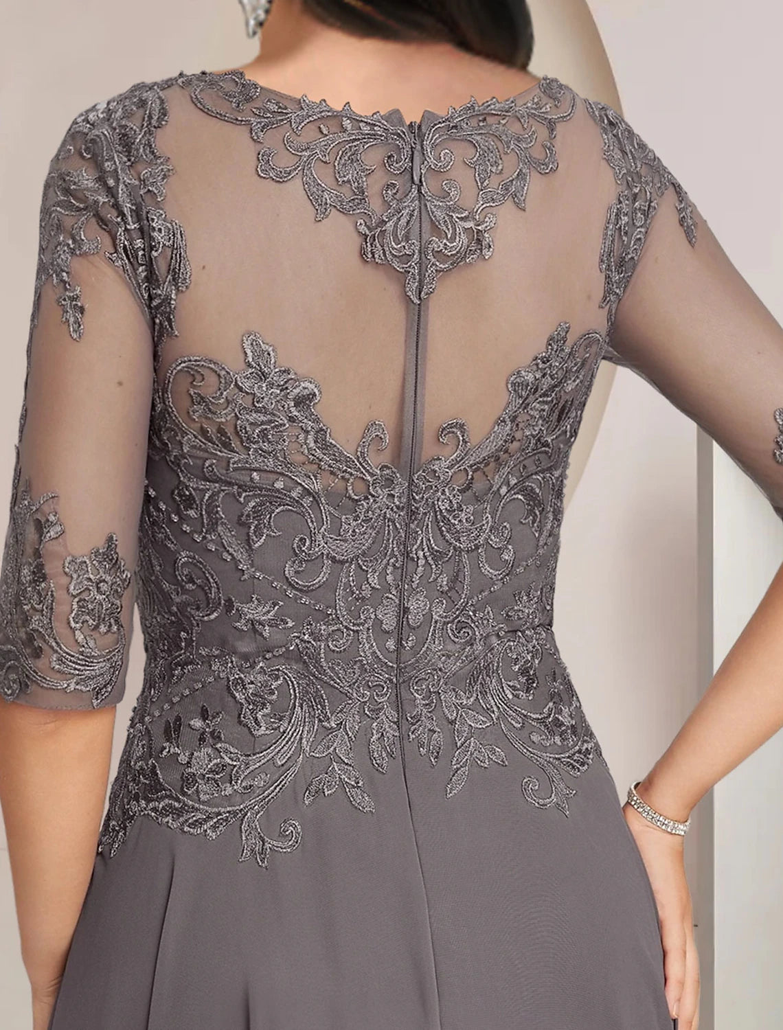 Luolandi A-Line Mother of the Bride Dress Formal Wedding Guest Elegant High Low Scoop Neck Asymmetrical Tea Length Chiffon Lace Half Sleeve with Pleats