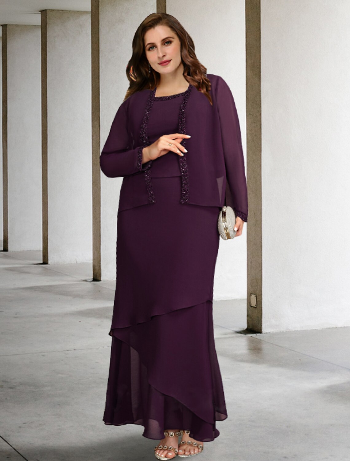 Luolandi Two Piece A-Line Plus Size Curve Mother of the Bride Dresses Elegant Dress Formal Ankle Length Sleeveless Square Neck Chiffon with Beading