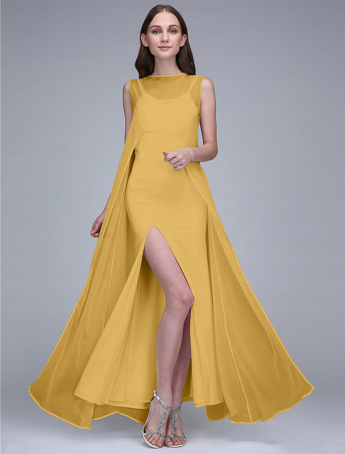 Luolandi Sheath / Column Bridesmaid Dress Bateau Neck Sleeveless Open Back Ankle Length Chiffon with Split Front