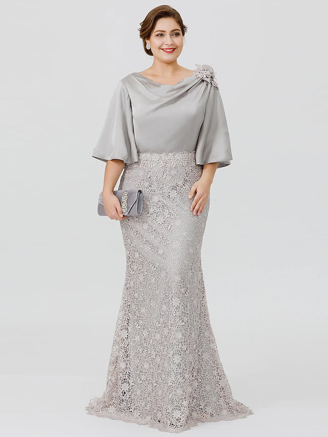 Luolandi Mermaid / Trumpet Mother of the Bride Dress Plus Size Sexy Cowl Neck Sweep / Brush Train Satin Chiffon Lace Over Satin Half Sleeve