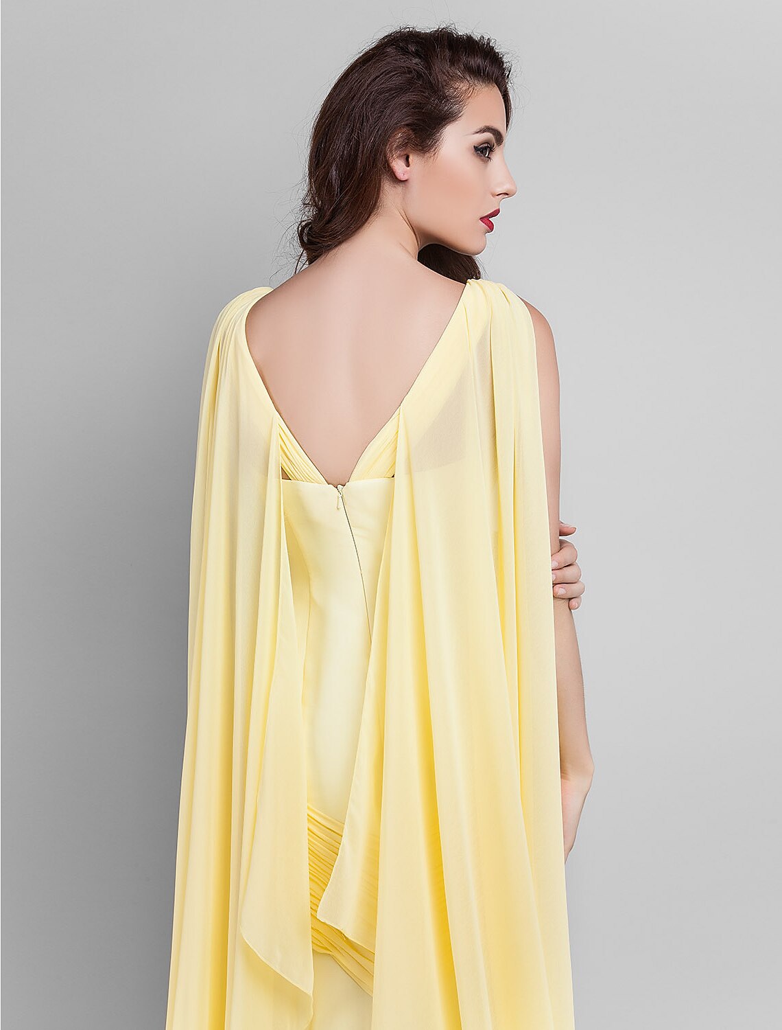 Luolandi Sheath / Column Elegant Dress Wedding Guest Court Train Sleeveless Plunging Neck Georgette V Back with Criss Cross Side