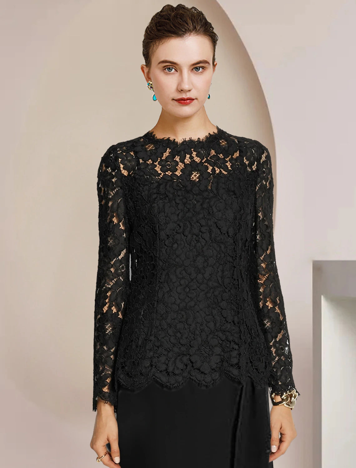 Luolandi A-Line Mother of the Bride Dress Formal Wedding Guest Vintage Elegant Scoop Neck Floor Length Chiffon Lace Long Sleeve