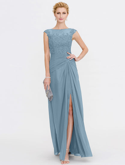 A-Line Mother of the Bride Dress Wedding Guest Elegant See Through Bateau Neck Floor Length Chiffon Lace Sleeveless