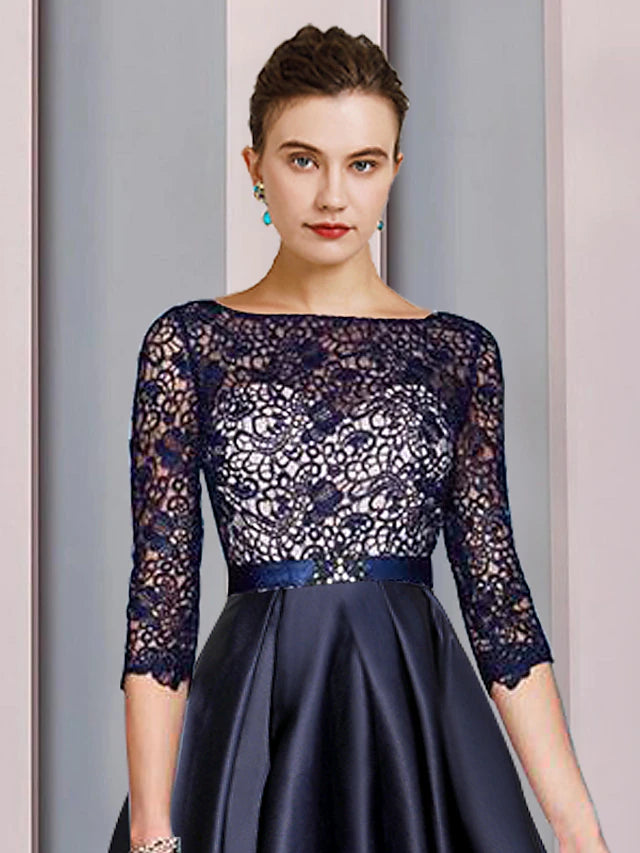 Luolandi A-Line Mother of the Bride Dress Formal Church Elegant High Low Scoop Neck Asymmetrical Tea Length Satin Lace Half Sleeve