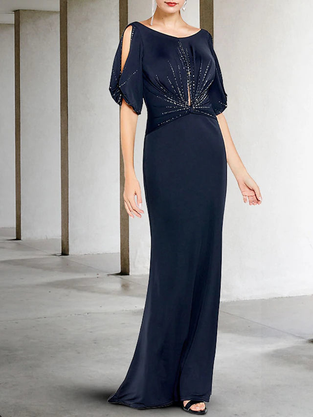 Luolandi Sheath / Column Mother of the Bride Dress Plus Size Elegant Jewel Neck Sweep / Brush Train Chiffon Short Sleeve