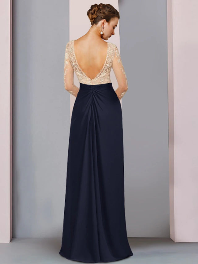 Luolandi Sheath / Column Mother of the Bride Dress Wedding Guest Party Open Back Scoop Neck Floor Length Chiffon Lace Long Sleeve with Pleats