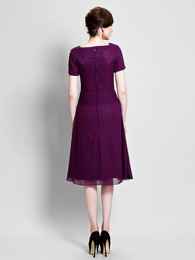 Luolandi A-Line Mother of the Bride Dress Cowl Neck Tea Length Chiffon Short Sleeve with Ruched Side