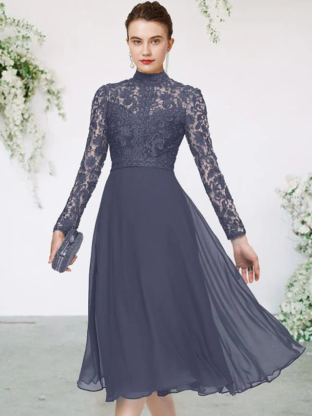 Luolandi A-Line Mother of the Bride Dress Elegant High Neck Tea Length Chiffon Lace Long Sleeve with Appliques