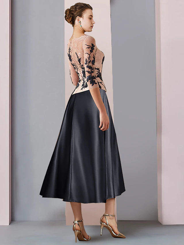 Luolandi A-Line Mother of the Bride Dress Formal Wedding Guest Party Elegant V Neck Tea Length Satin Lace 3/4 Length Sleeve with Pleats Appliques
