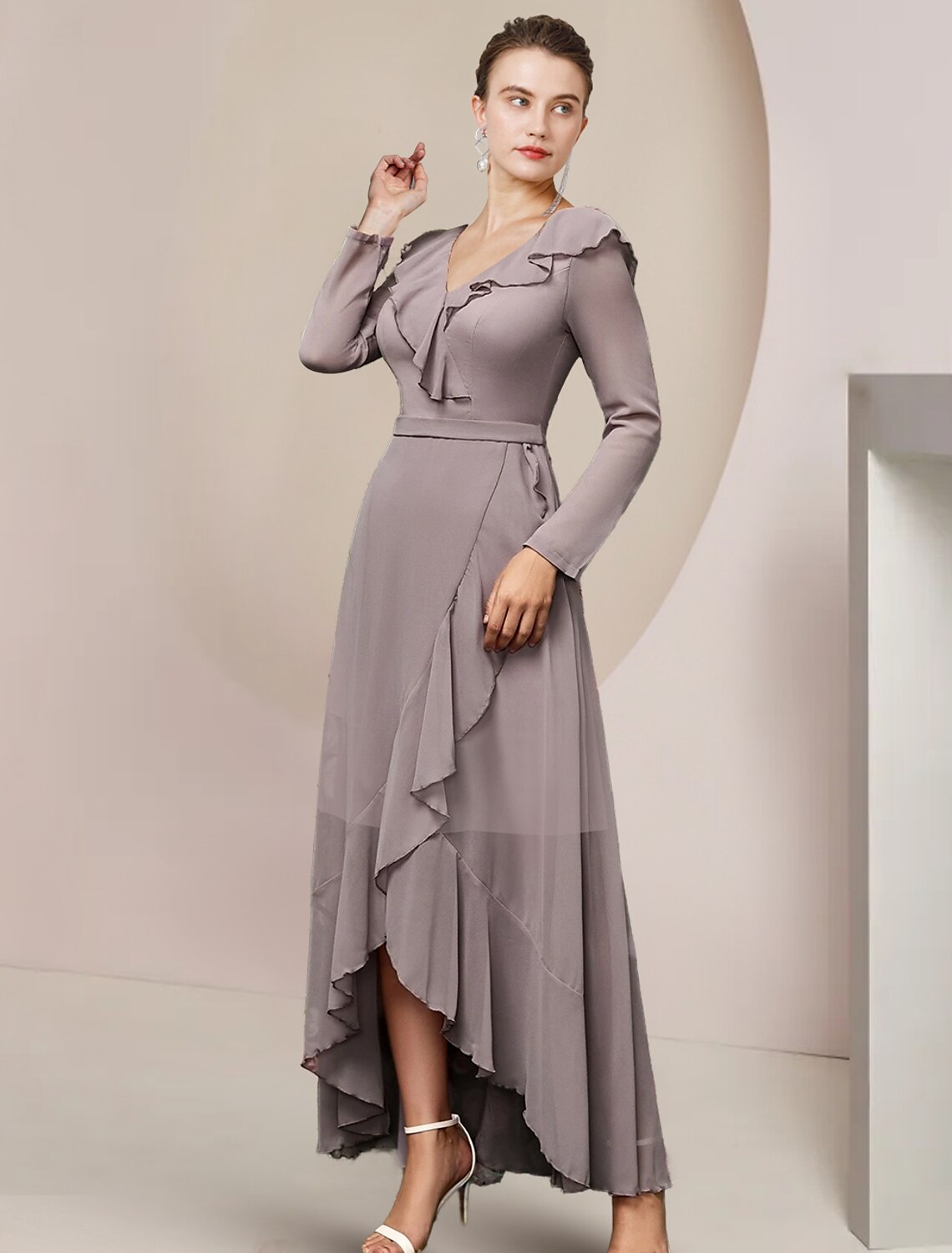 Luolandi A-Line Mother of the Bride Dress Wedding Guest Elegant V Neck Asymmetrical Ankle Length Chiffon Long Sleeve with Ruffles