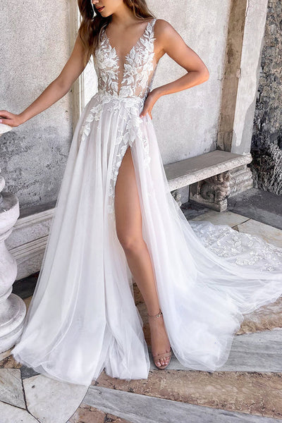 Luolandi Attractive Illusion Deep V Neck Lace Appliques Boho Wedding Dress with Slit Beautiful
