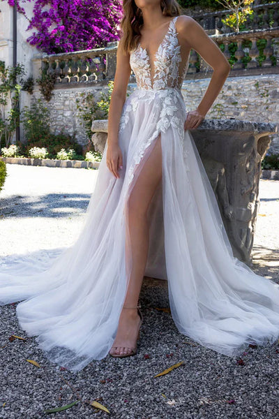 Luolandi Attractive Illusion Deep V Neck Lace Appliques Boho Wedding Dress with Slit Beautiful