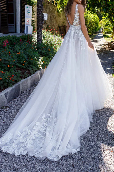 Luolandi Attractive Illusion Deep V Neck Lace Appliques Boho Wedding Dress with Slit Beautiful