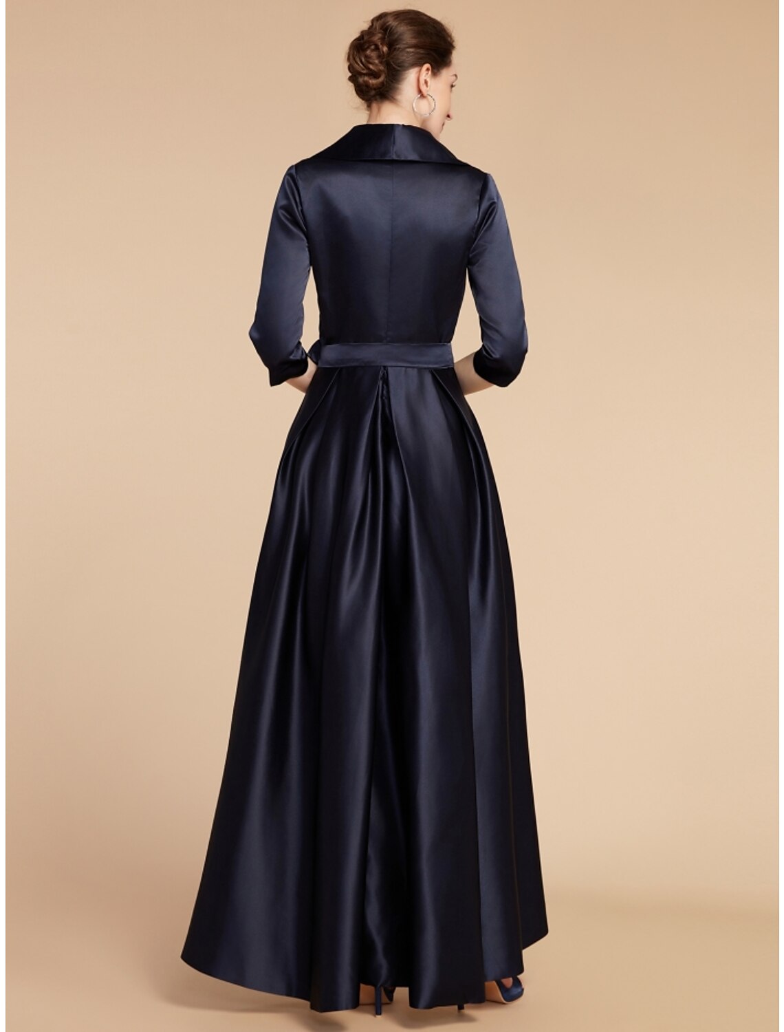 Luolandi A-Line Mother of the Bride Dress Wedding Guest Elegant V Neck Ankle Length Satin Half Sleeve with Sash / Ribbon Ruching