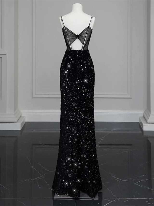 Luolandi Mermaid / Trumpet Evening Gown Sexy Long Dress Formal Floor Length Sleeveless Spaghetti Strap Sequined with Bow(s) Crystals Sequin