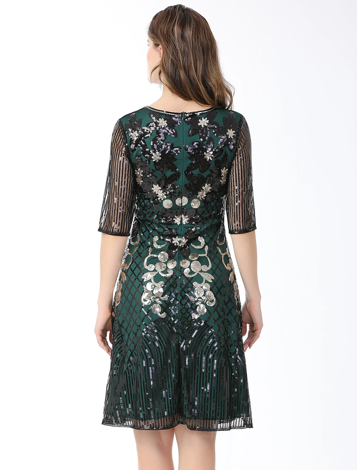 Luolandi A-Line Cocktail Dresses Vintage Dress Holiday Knee Length Half Sleeve Jewel Neck Cotton Blend with Sequin