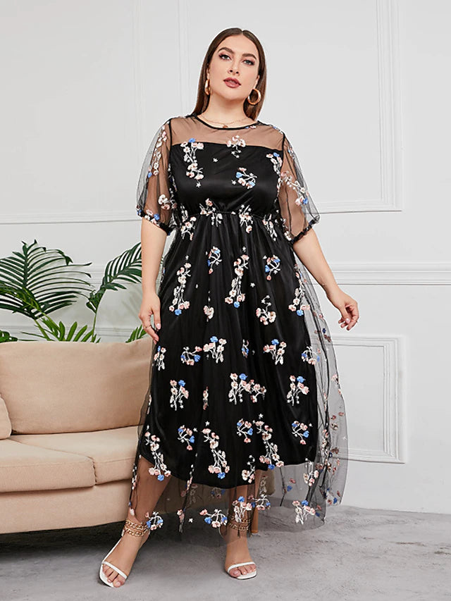 Luolandi Plus Size Curve Mother of the Bride Dress Party Sparkle & Shine Scoop Neck Ankle Length Tulle Half Sleeve with Sequin