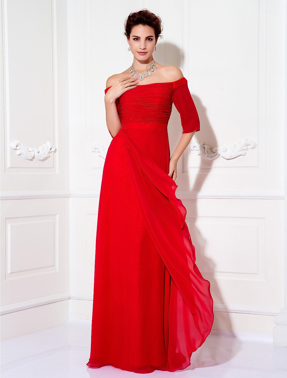 Luolandi Sheath / Column Minimalist Dress Wedding Guest Sweep / Brush Train Half Sleeve Off Shoulder Chiffon