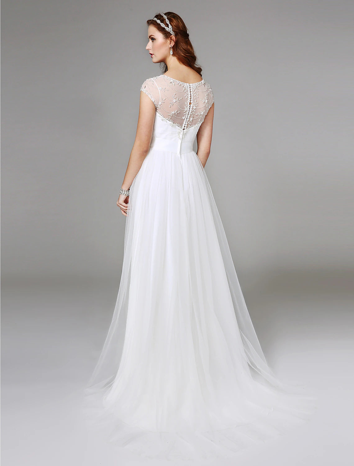 Luolandi A-Line Illusion Neck Sweep / Brush Train Tulle Made-To-Measure Wedding Dresses with Beading