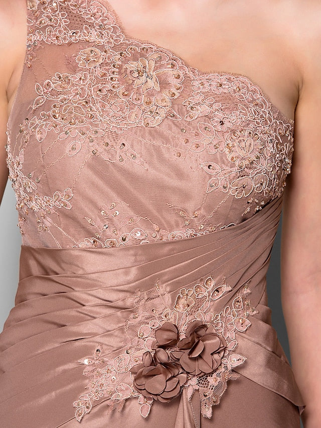 Luolandi Mermaid / Trumpet Mother of the Bride Dress Floral One Shoulder Sweep / Brush Train Lace Taffeta Sleeveless