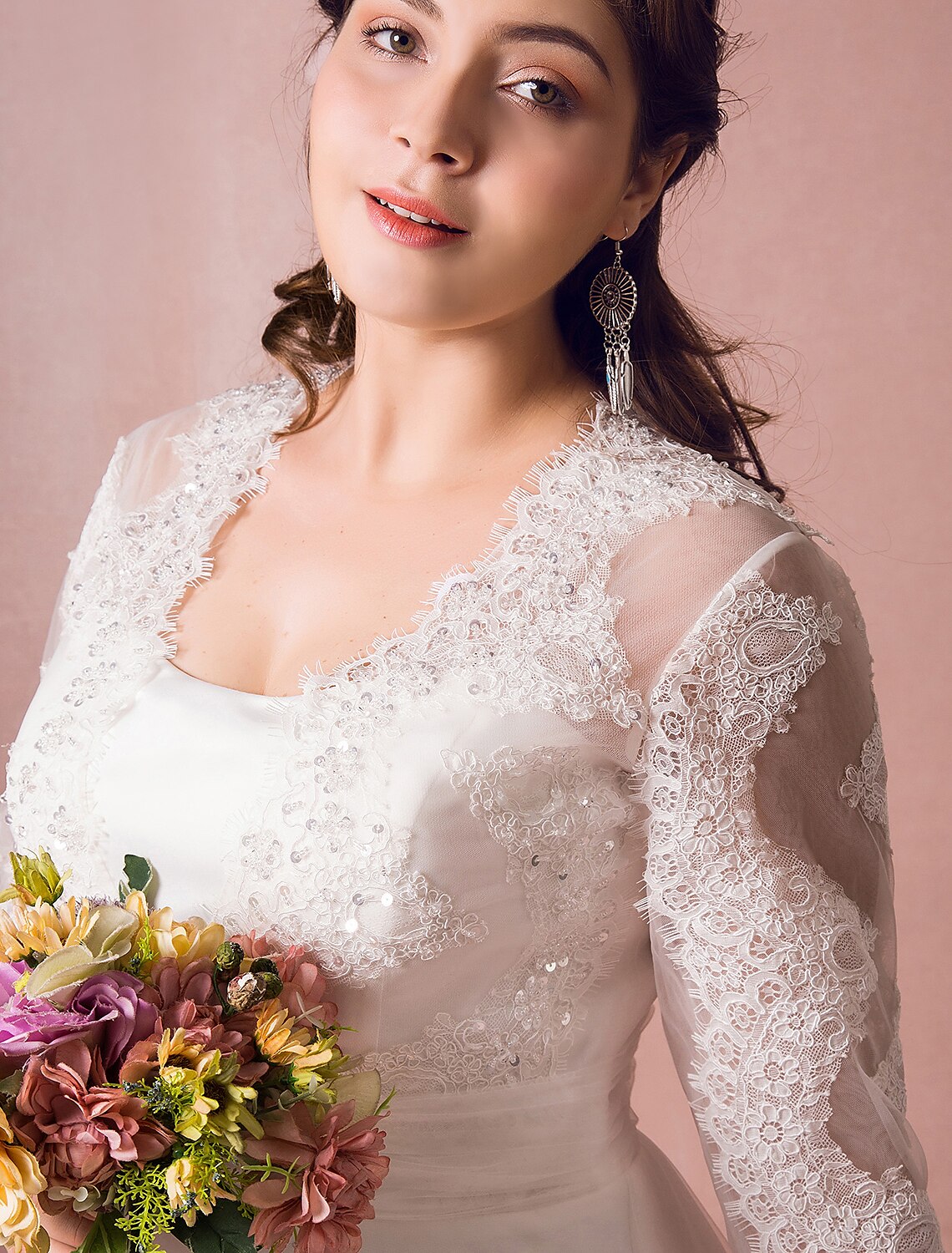 Luolandi Hall Sparkle & Shine Wedding Dresses A-Line Illusion Neck Long Sleeve Court Train Satin Bridal Gowns With Buttons