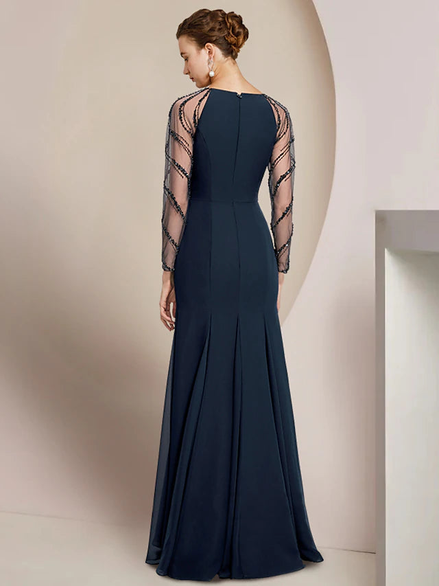 Luolandi Sheath / Column Mother of the Bride Dress Wedding Guest Vintage Elegant V Neck Floor Length Chiffon Long Sleeve with Pleats