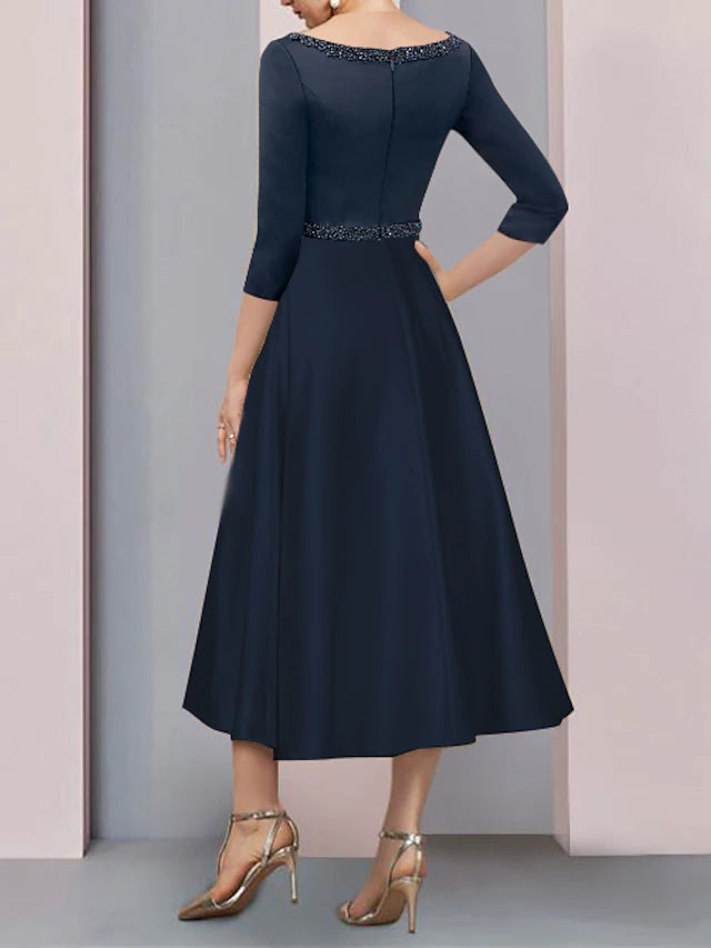 Luolandi A-Line Mother of the Bride Dress Wedding Guest Vintage Elegant V Neck Tea Length Satin Short Sleeve